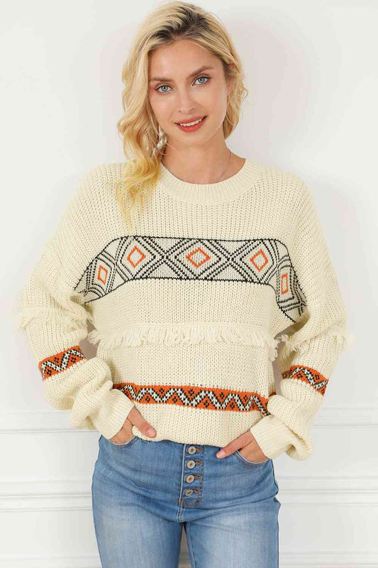 Geometric Round Neck Fringe Detail Sweater