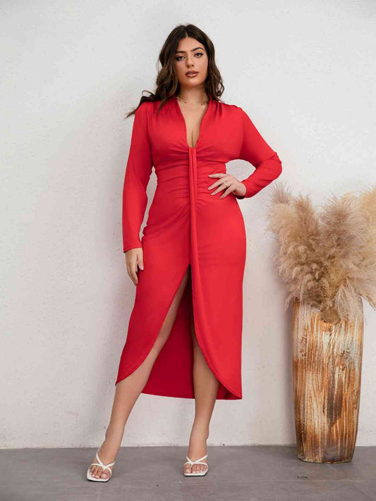 Plus Size Plunge Ruched Slit Dress